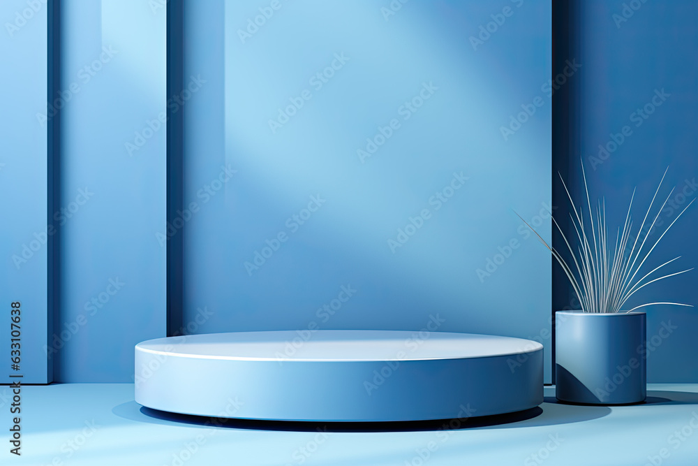 Blue podium mockup. 3D display stand, platform, pedestal - obrazy, fototapety, plakaty 