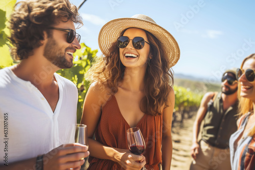 Group of happy friends tasting wine in a vineyard. 