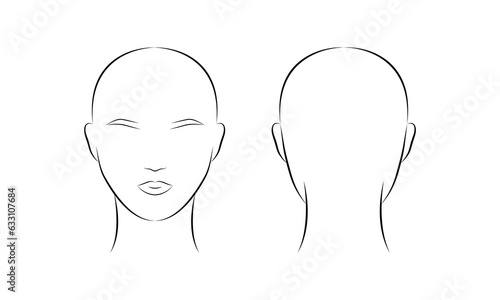 Front and side view silhouette of a woman head. Humans head icon set, different angle view turns of a female head. Head guidelines for barbershop, haircut salon. Vector illustration