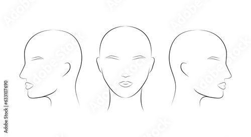Humans head icon set, different angle view turns of a female head. Head guidelines for barbershop, haircut salon. Vector illustration