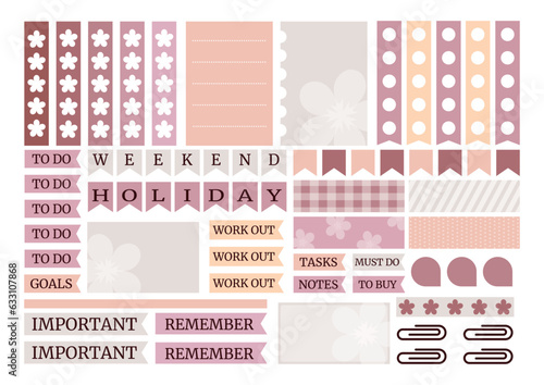 Soft colorful weekly planner stickers set with flowers silhouette for agenda, notebook, diary. A5 format.