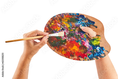 Hands with wooden art palette and brush isolated on white background. Painting courses.