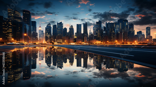 city at night with reflections in the lake in USA Florida in panorama style 