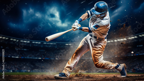 Baseball player in action on the stadium at night. photo