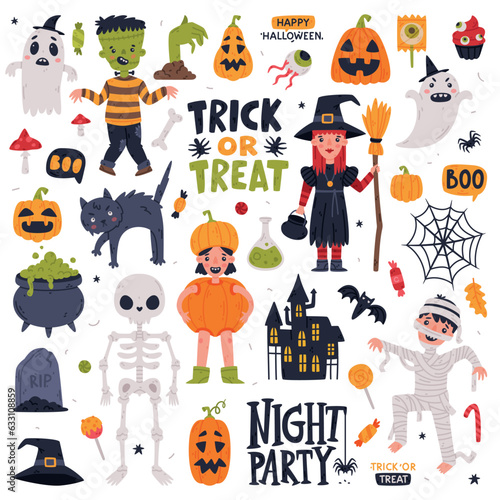 Halloween Trick or Treat Night Party Object and Elements Vector Set