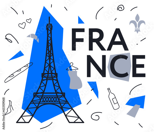 Eiffel tower - France, Paris. World famous symbol of France vector line style illustration with baguette, royal lily, wine, croissants, dress, shoes. Collage modern style. Tourism, travel theme.