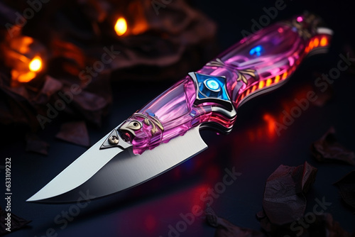 Beautiful exclusive expensive folding pocket knife decorated with precious stones, mystical glowing ritual dagger photo
