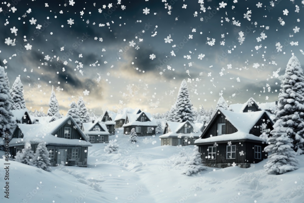 Fototapeta premium Winter Christmas night view with snow on wooden cottages