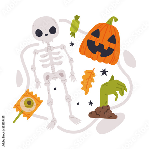 Fototapeta Naklejka Na Ścianę i Meble -  Halloween Trick or Treat Night Party Element with Pumpkin, Zombie Hand and Skeleton Vector Illustration