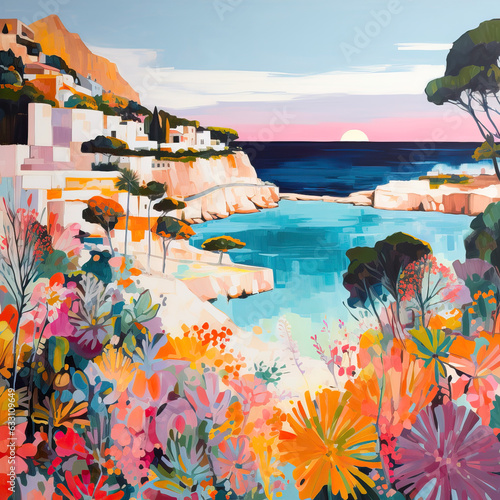 Beautiful and colorful illustration of a mediterranean island landscape, floral seaside scenery photo