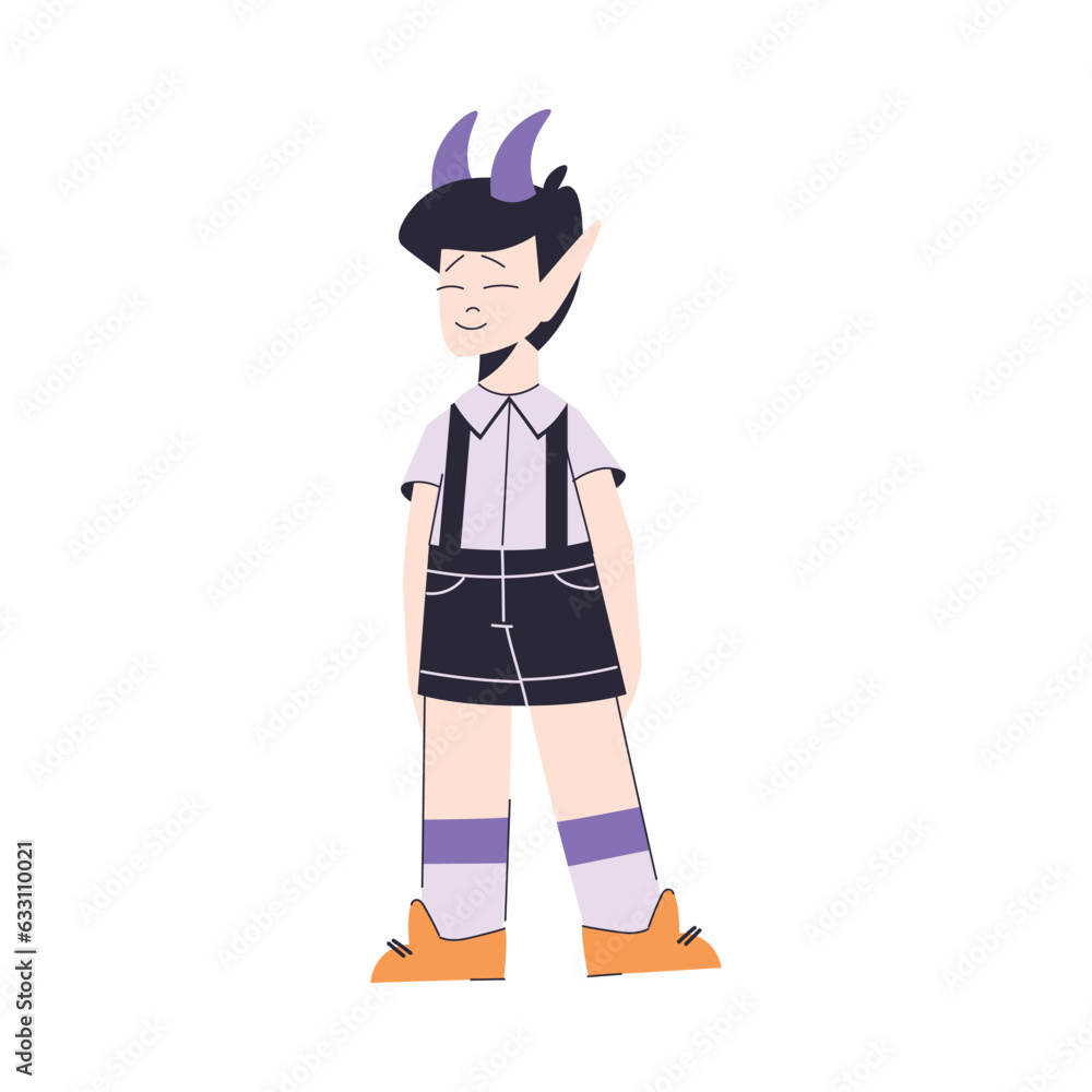 Happy Boy at Halloween Party Standing in Horns on Head Vector Illustration Happy Boy at Halloween Party Standing in Horns on Head Vector Illustration