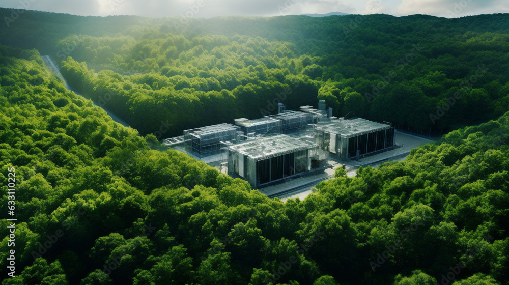 AI data center nestled within, untouched forest. Minimalist design ...