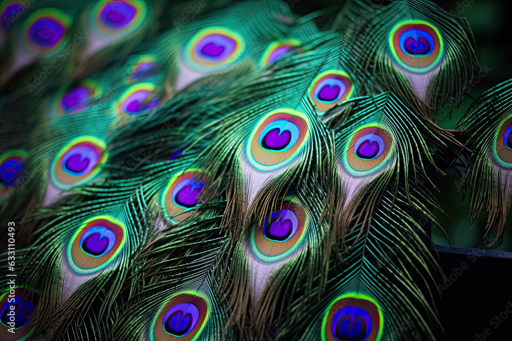 Obraz premium Purple and green peacock feathers background