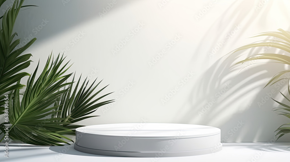 Smooth round white podium in sunlight, only tropical palm leaf Smooth round white podium in sunlight, only tropical palm leaf