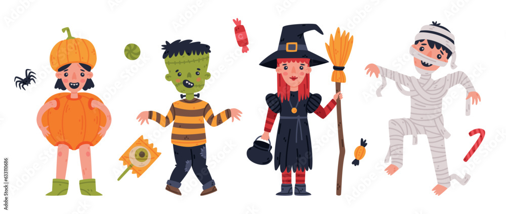 Fototapeta premium Happy Woman at Halloween Party Standing in Dracula Costume with Horns on Head Vector Illustration