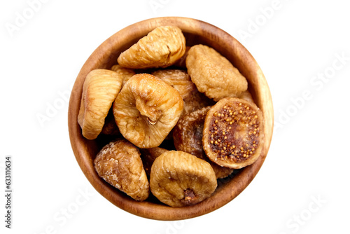 Dried figs in wooden bowl isolated on white, top view. Sweet dried fruits, halved fig