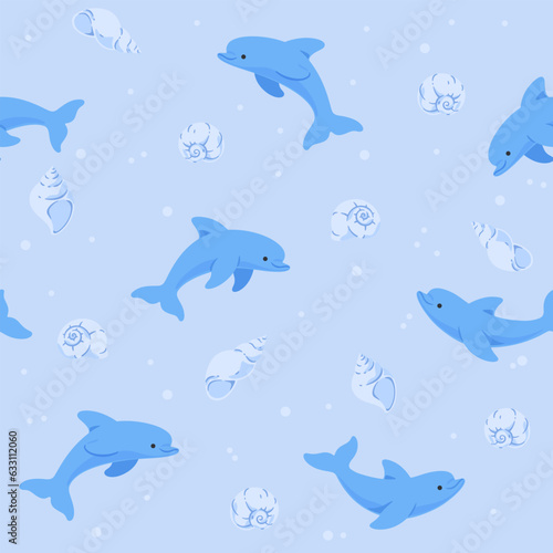 Trendy pattern with dolphin and starfish. Vector illustration for prints, clothing, packaging and postcards. 