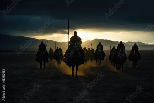 Armored Cavalry Silhouettes on Nighttime Horizon photo