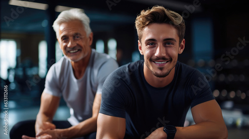 Father and Son Smiling in Modern Gym