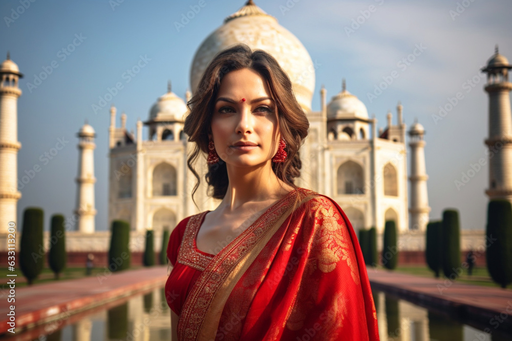 Fototapeta premium Beautiful Woman in Red Saree in Front of Taj Mahal During Sunset