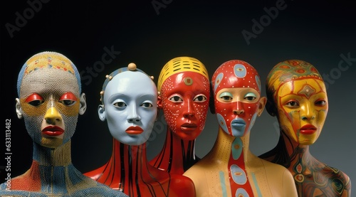 A vibrant and diverse display of statuesque artistry stands in perfect unison, captivating the eye with its colorful mannequins