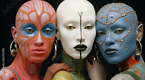 A stunning portrait of a group of women adorned in masks of intricate artistry, their faces painted with captivating designs that reflect a mix of cultures and emotions