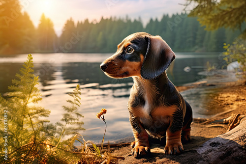 Сute dachshund puppy by a lake