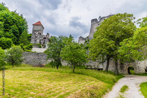 A view towards the ruins of the Stone Castle on the outskirts of the town of Begunje na Gorenjskem, Slovenia in summertime