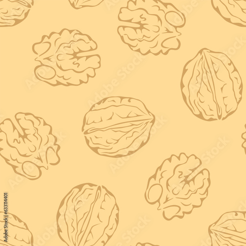 Seamless pattern with walnuts on yellow background.  Line art vector illustration. Healthy organic food.