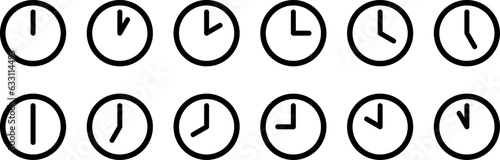 Simple Minimalist Analog Clock Symbol Icon Set Showing Every Hour. Vector Image.