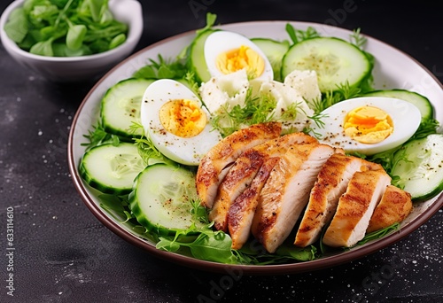 Grilled chicken meat and boiled eggs and fresh cucumber salad. Healthy keto, ketogenic lunch. Roasted chicken breast, fillet and fresh vegetable salad