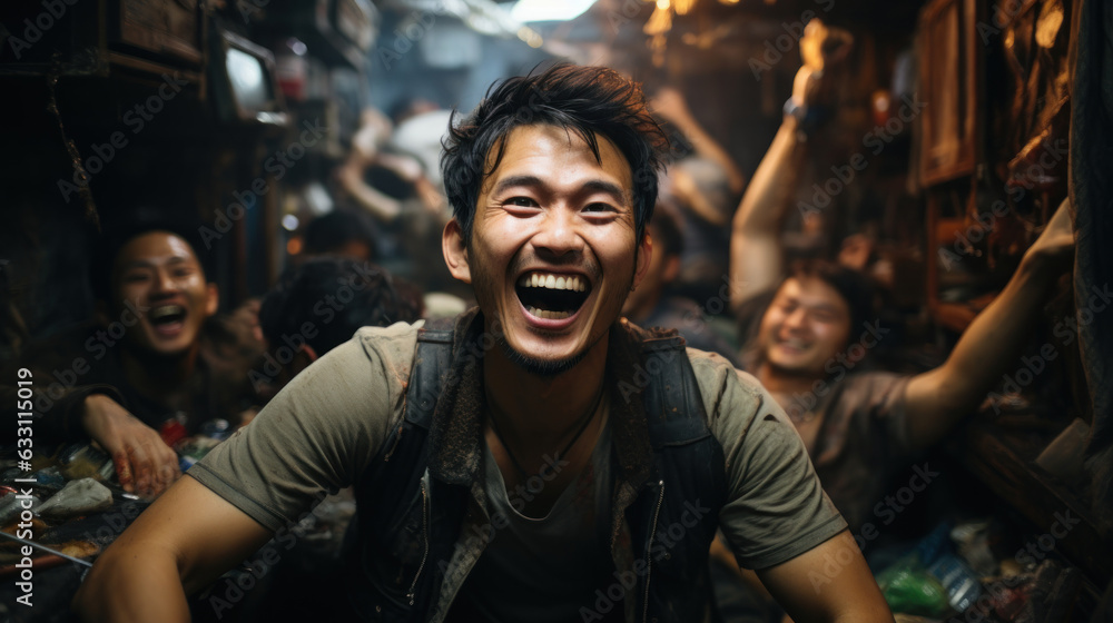 Portrait of a drunk asian man laughing in mess room with friends.