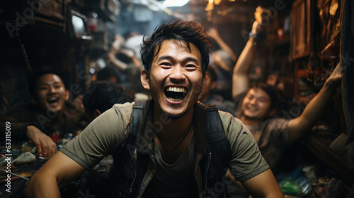 Portrait of a drunk asian man laughing in mess room with friends.