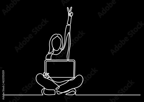 continuous line drawing vector illustration with FULLY EDITABLE STROKE of happy jumping persons as concept of happiness on black background