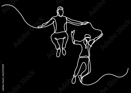 continuous line drawing vector illustration with FULLY EDITABLE STROKE of happy jumping persons as concept of happiness on black background