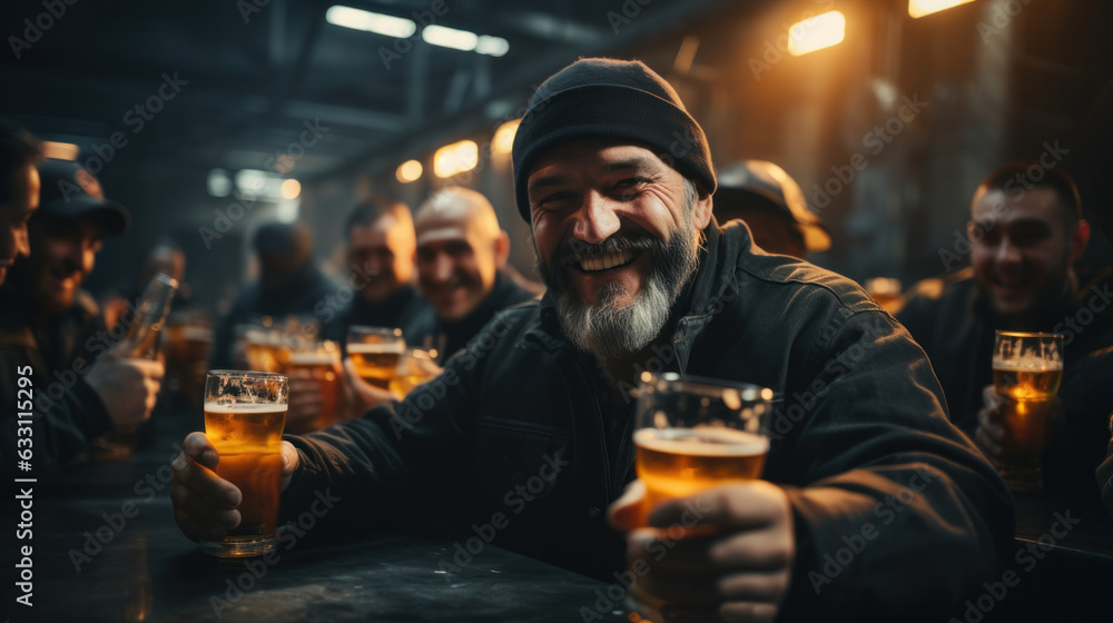 Craftsmen with group of friends drinking beer at a brewery.