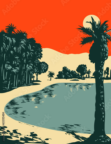 WPA poster art of Huacachina or the oasis of America , a village built around a small oasis and surrounded by sand dunes in southwestern Peru done in works project administration or Art Deco style.