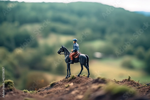 Miniature figurine of rider with hat sitting on horse stands on edge of cliff in mountains looking into the distance