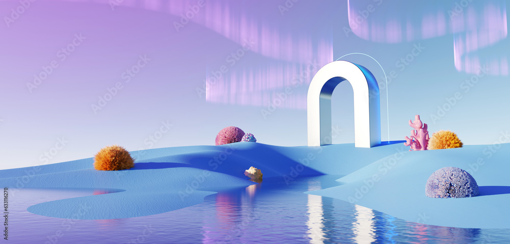 3d render Surreal pastel landscape background with geometric shapes, abstract fantastic desert dune in seasoning landscape with arches, panoramic, futuristic scene with copy space, blue sky and cloudy