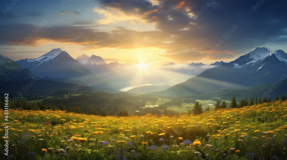 Fototapeta premium Mountain Sunrise: Enchanted Meadow in Golden Glow. Peaceful Landscape. Generative AI