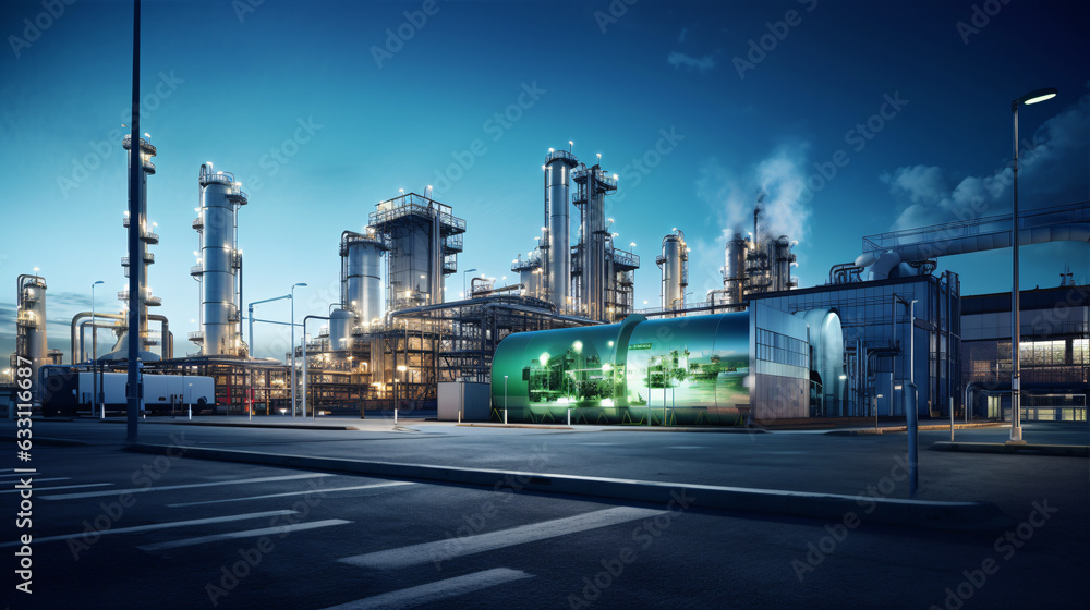 Green oil fuel factory industry for good environment ozone air low carbon footprint production concept.