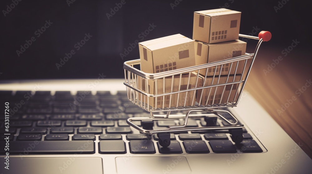 .Trolley boxes atop a laptop keyboard. Insights on e-commerce, a mode of digital trade enabling customers to purchase goods directly from online sellers over the internet.
