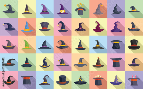 Magic hat icons set flat vector. Rabbit ear. Show wand