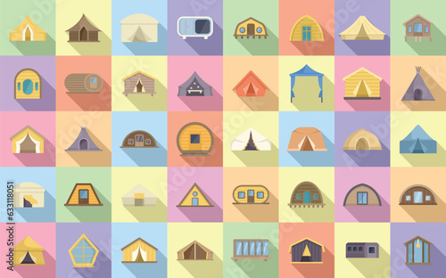 Glamping icons set flat vector. Tent adventure. Bonfire cozy