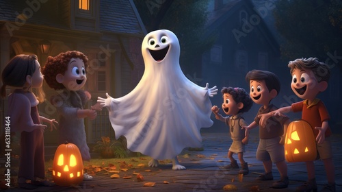 Children are scared by a friendly ghost on Halloween, cartoon photo