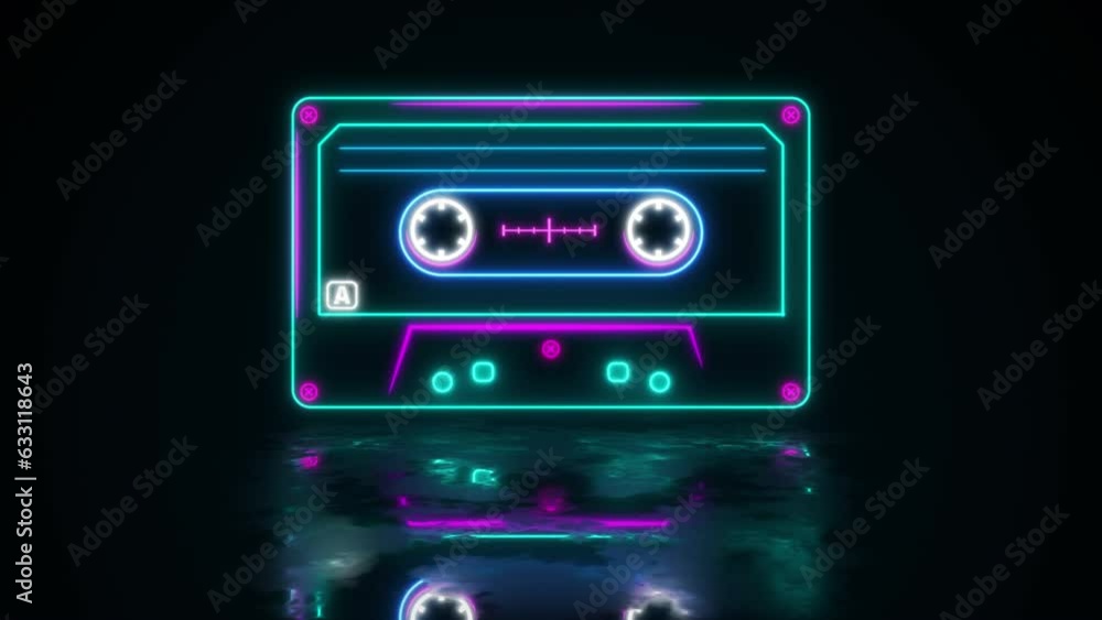 Neon cassette on reflective wet floor, lights up and goes out. Cassette animation. Loop. Retro tape recorder cassettes neon sign, light banner. Back to the 90s. 80s neon style. musiccasette, mix tape