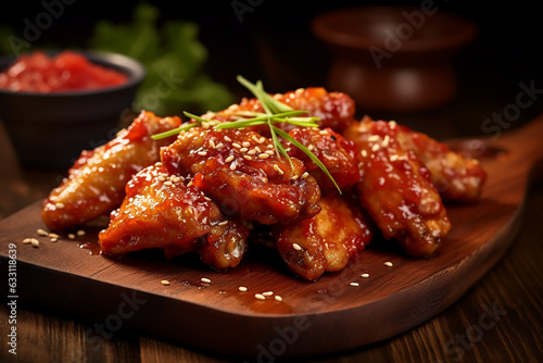 spicy chicken wings served on a wooden plate