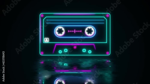 Neon cassette on reflective wet floor, lights up and goes out. Cassette animation. Loop. Retro tape recorder cassettes neon sign, light banner. Back to the 90s. 80s neon style. musiccasette, mix tape