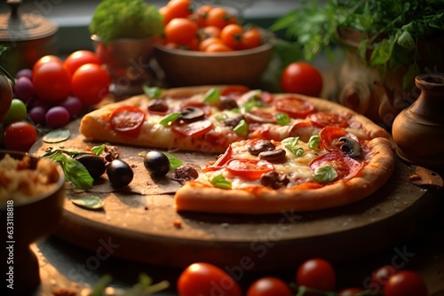 Pizza freshly made next to ingredients, generative ai