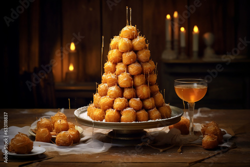 A tower of croquembouche served on a plate photo